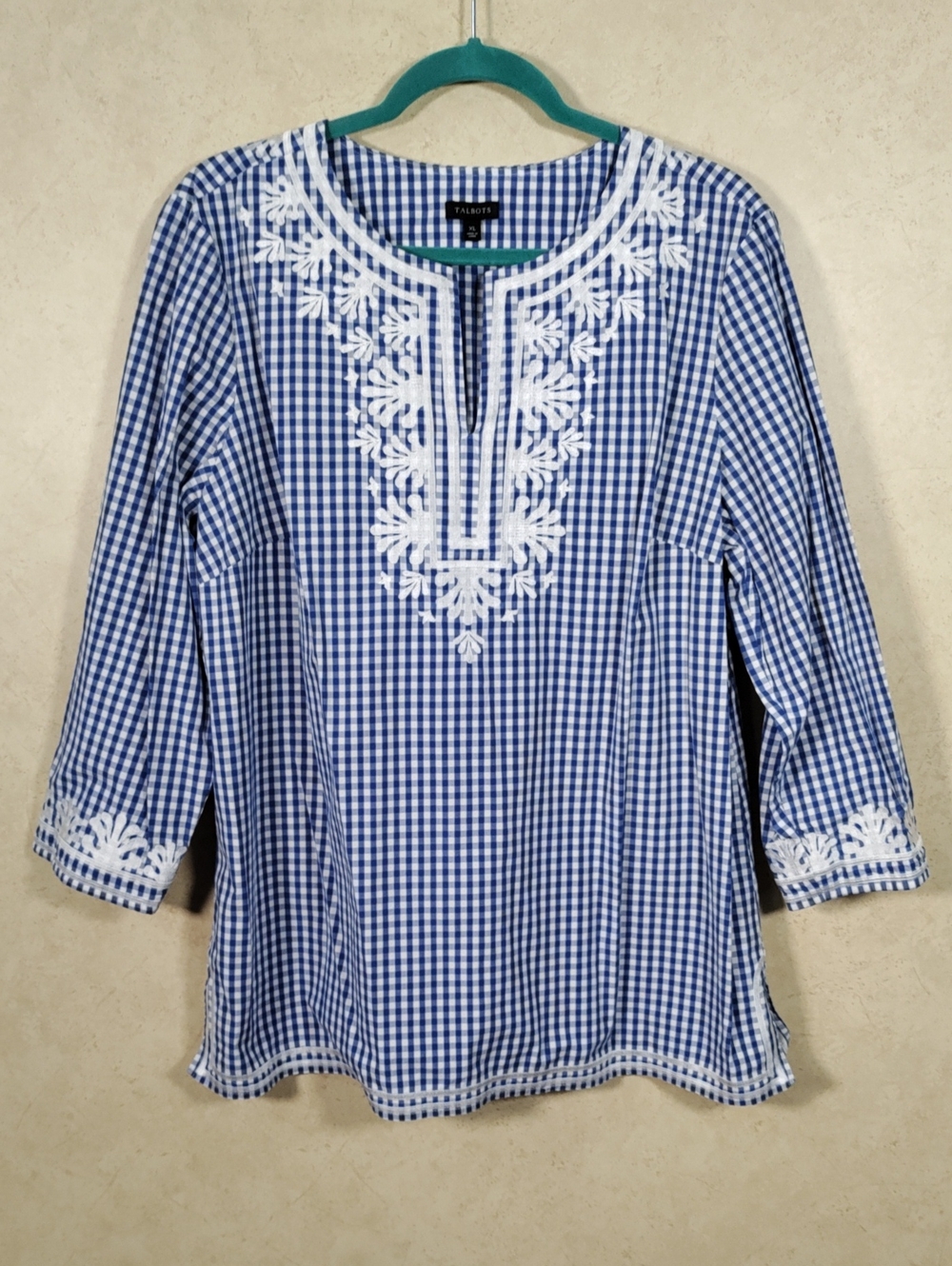 H179 Talbots Blue & White Gingham Embroidered Tunic XL